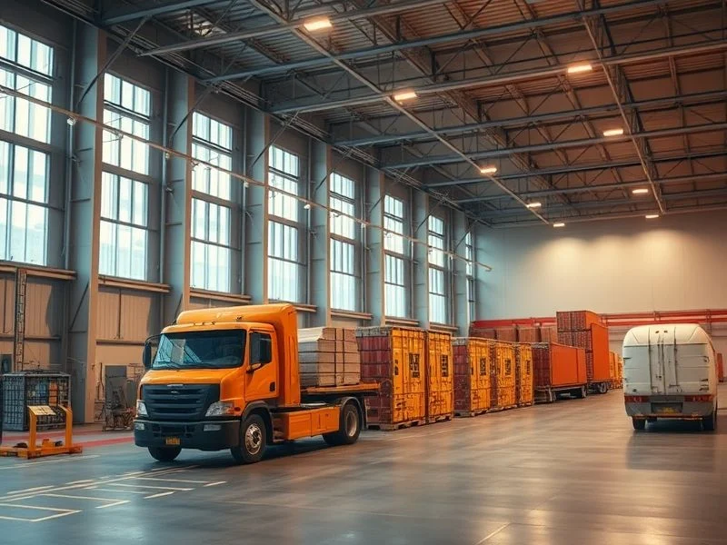 Interconnected glowing digital modules representing different aspects of logistics technology – AI optimization, blockchain tracking, predictive routing. Modules are geometrically precise and emit soft neon light. Emphasize seamless integration and advanced algorithmic processes. Style: Abstract, geometric, ethereal glow, dark background with subtle textural patterns.